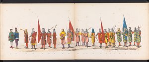 Maskarada uczniów Leiden, 1865 (tablica 13) Procesja w kostiumach zorganizowana przez członków korpusu studenckiego w Leiden w dniu 6 czerwca 1865 r. z okazji 290. rocznicy Leidsche Hoogeschool, przedstawiająca: wjazd Holendrów b autorstwa Jan Daniël Cornelis Carel Willem baron de Constant Rebecque