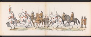 Maskarada uczniów Leiden, 1865 (tablica 5) Procesja w kostiumach prowadzona przez członków korpusu studenckiego Leiden w dniu 6 czerwca 1865 r., z okazji 290. rocznicy Leidsche Hoogeschool, przedstawiająca: wjazd Holendrów do autorstwa Jan Daniël Cornelis Carel Willem baron de Constant Rebecque