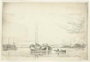 Widok na rzekę z barką i łodzią wiosłową autorstwa Jan Daniël Cornelis Carel Willem baron de Constant Rebecque