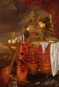 Kosz Mieszanych Owoców z Pozłaconym Kubkiem, Srebrnym Kielichem, Nautilusem, Kieliszkiem i Brzoskwiniami na Talerzu autorstwa Jan Davidsz de Heem