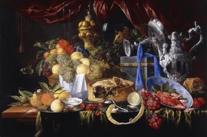 Ciasto na cynowym talerzu, częściowo obrana cytryna, srebrna łyżka na cynowym talerzu, raki i krewetki w misce porseleinowej Wanli Kraak, 1649 autorstwa Jan Davidsz de Heem