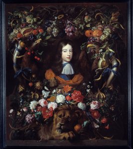 Portret Wilhelma III Orańskiego (1650-1702) w medalionie z kwiatów Obraz Jana Davida Heema (1606-1684) 1665 nd. 1,34x1,14 m Lyon, Muzeum Sztuk Pięknych autorstwa Jan Davidsz de Heem