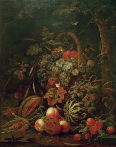 Martwa natura z koszem owoców, dynią, melonem i brzoskwiniami na dębie autorstwa Jan Davidsz de Heem