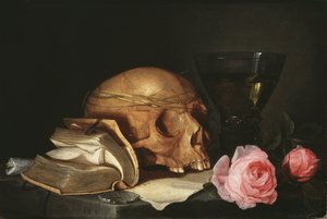 Martwa natura Vanitas z czaszką, książką i różami - Martwa natura Vanitas z czaszką, książką i różami, autor: Heem, Jan Davidsz. z autorstwa Jan Davidsz de Heem