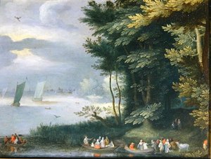 Brzegi jeziora z postaciami wsiadającymi do łodzi wiosłowych (olej na płótnie) autorstwa Jan Frans van Bredael