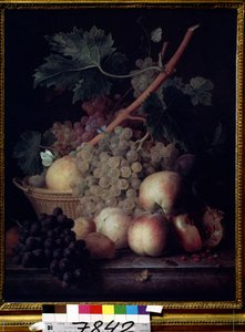 ""Owoce"" Martwa natura z brzoskwiniami, winogronami, gruszkami i granatami z motylami i osą. Obraz Jean Francois van Dael (1764-1840) 1808 Muzeum Puszkina, Moskwa