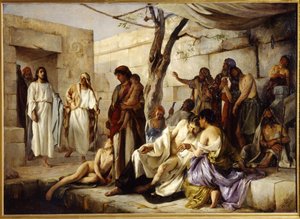 Cud przy sadzawce Bethesda. Położony na drodze z Beth Zeta (Izrael) do Jerozolimy, Jezus Chrystus zbliża się do basenu, w którym gromadzą się paralityki i cudownie uzdrawia chorego. Malarstwo Jan autorstwa Jan Franzevich Cloginsky