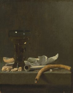 Martwa natura z roemerem, glinianą fajką i zapalonym cygarem na półce autorstwa Jan Fris
