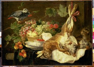 Martwa natura z zającem, owocami i papugą, 1647