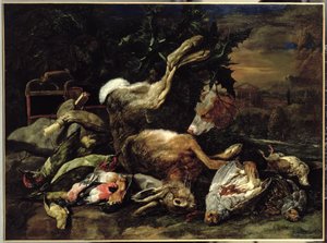 Martwa natura z zającem, ptakami śpiewającymi i siatką na ptaki, a za nimi spanielem