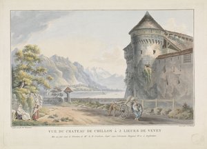 Widok na zamek Chillon Kasteel Vue du Chateau de Chillon à 2 lieues de Vevey (tytuł obiektu)