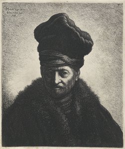 Popiersie mężczyzny w futrzanej czapce Tronies wg Rembrandta (tytuł serii) autorstwa Jan Gillisz. van Vliet