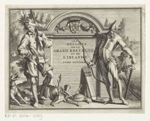 Twee jagery do oprawy architektonicznej Titelpagina voor: James Beeverell, Uroki Wielkiej Brytanii i Irlandii, tom siódmy, 1707 autorstwa Jan Goeree (possibly)