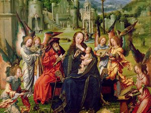 Muzycy anielscy, fragment środkowego panelu tryptyku przedstawiający Świętą Rodzinę ze św. Katarzyną i św. Barabarą (olej na drewnie)