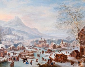 ""Scena zimowa z łyżwiarzami" (Scena zimowa z łyżwiarzami) Obraz Jana Griffiera (ca 1652-1718) - Olej na miedzi - Rozmiar 43x55 cm Hallwylska Museet, Sztokholm