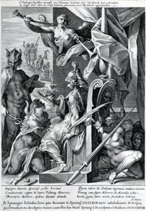 Merkury i Minerwa uzbrajają bohatera w skórę byka i wieniec laurowy, 1604