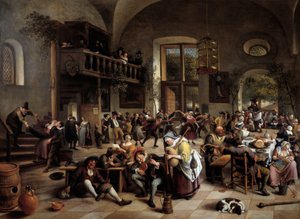Przyjęcie w karczmie Muzycy, gracze, mężczyźni i kobiety pijących ludzi - Obraz Jana Havicksza (Havicksz) Steena (1626-1679)