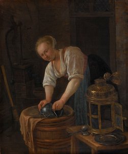 Kobieta szoruje wyroby metalowe autorstwa Jan Havicksz. Steen
