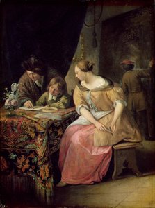 Wnętrze z malarzem i jego rodziną, ok.1670 (panel) autorstwa Jan Havickszoon Steen