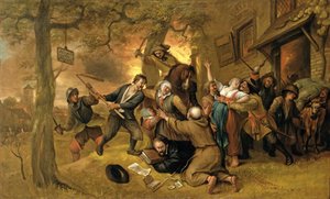 Chłopi i żołnierze przed tawerną – alegoria gwałtu na Niderlandach autorstwa Jan Havickszoon Steen