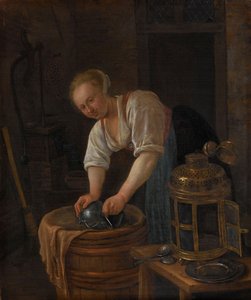 Kobieta czyszcząca metalowe naczynia, 1650-60 autorstwa Jan Havickszoon Steen