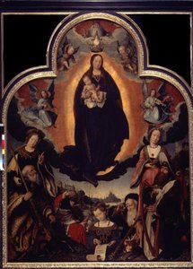 „La Vierge en Gloire” (Gloryfikacja Dziewicy) Wśród postaci otaczających Dziewicę i Jezusa Chrystusa: Król Dawid grający na harfie, cesarz rzymski August (Caius Julius Caesar Octavianus Augustus) (63 p.n.e.-14 n.e.), prorocy