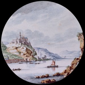 Widok wzdłuż Renu z wioską St. Goar i zamkiem Rheinfels (czarny ołów, długopis, szary tusz i akwarela)