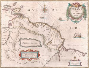 Mapa stworzona około 1649 roku przedstawiająca region Gujany. Terytorium zajęte przez Hiszpanię na czerwono na zachodzie, Gujana Holenderska zaznaczona na żółto, a terytorium Portugalii na czerwono na południowym wschodzie. Widoczne jest również mityczne j