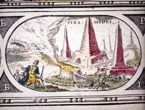 Reprezentacja siedmiu cudów starożytności: piramid w Egipcie. w Atlasie Janssona Janssoniusa wydrukowanym w Amsterdamie w 1630 r. Zbiory prywatne.