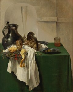 Pewter Jug i srebrna Tazza na stole autorstwa Jan Jansz den Uyl