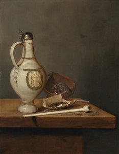 Martwa natura z kamionkowym dzbanem i fajką, połowa lat 50. XVI wieku (olej na płycie) autorstwa Jan Jansz. van de Velde
