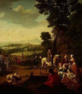 Elegancka impreza z jastrzębiami odpoczywająca w parku autorstwa Jan Josef the Younger Horemans