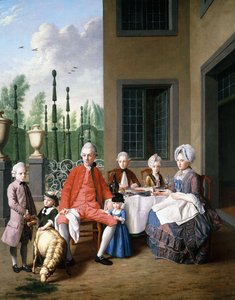 Portret grupowy rodziny van den Bosch, jadalnia przy domu, ogród topiary Beyond, 1777