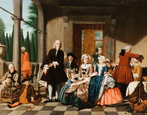 Portret rodziny jedzącej na portyku, formalnym ogrodzie poza nim, 1747