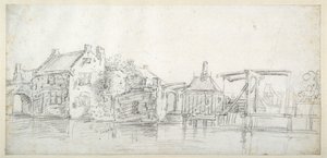 Kanał wraz z budynkami, w tym bramką i mostem, ok. 1650 (czarna kreda na białym papierze) autorstwa Jan Josefsz. van (circle of) Goyen