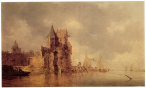 Średniowieczna wieża na wale zamku z żaglowcami na pomoście i łodzią wiosłową na pierwszym planie, ok. 1642 r. (olej na desce) autorstwa Jan Josephsz van Goyen