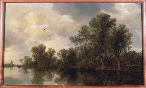 Zalesiony krajobraz rzeczny, chłopi w łódce wiosłowej przy chacie i promie, w oddali żaglówka, 1633 autorstwa Jan Josephsz van Goyen