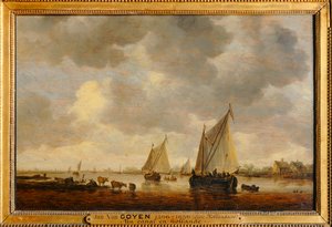 Deux grandes barques à voiles sur un fleuve et bestiaux près de la rive - Dwie duże żaglówki na rzece i zwierzęta na brzegach ... autorstwa Jan Josephsz van Goyen