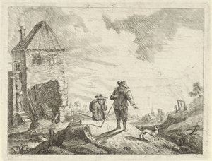 Dwóch rolników z psem na wiejskiej drodze autorstwa Jan Lauwryn Krafft (I) (possibly)