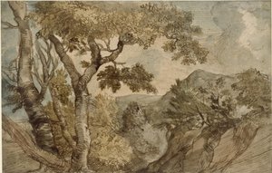 Górzysty krajobraz z grupą drzew autorstwa Jan Lievens