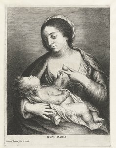 Maryja z Dzieciątkiem i gruszką Iesvs Maria (tytuł na obiekcie) autorstwa Jan Lievens