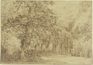 Fragment lasu, po lewej stronie ścieżki stoi duży dąb autorstwa Jan Lievens