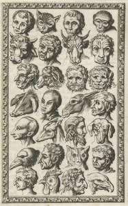 28 głów ludzi i zwierząt (28 koppen van mensen en dieren). 1682 autorstwa Jan Luyken