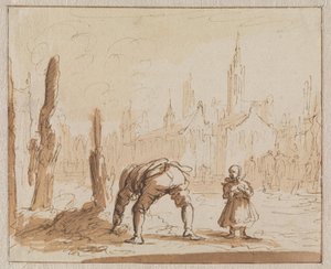 Adriaen Wens szuka w popiele śruby do ust, którą założono jego matce w Antwerpii w 1573 roku autorstwa Jan Luyken
