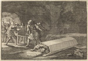 Służby pogrzebowe w Rzymie widzą, że Antonio Marlini, którego pochowali w krypcie kilka dni wcześniej, musiał być najwyraźniej martwy, 1696 autorstwa Jan Luyken