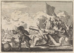 Oblężenie Groningen, w którym armata jest błogosławiona przez sześciu mnichów, 1672 autorstwa Jan Luyken