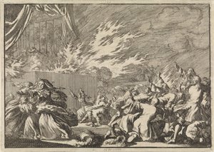 Pożar drewnianej szopy, w której odbywa się przedstawienie teatralne obok zamku Amelienborg w Kopenhadze, 1689 autorstwa Jan Luyken