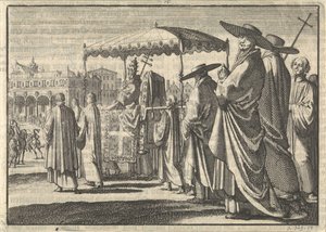 Chrystian IV, król Danii, przebrany za papieża, naśladuje procesję ze swoimi dworzanami, 1596 autorstwa Jan Luyken