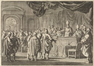 Reformowany na Węgrzech przed sądem biskupów i innych romanistów, 1670 autorstwa Jan Luyken