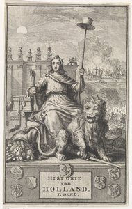 Holenderska Dziewica Strona tytułowa dla: F. de la Neuville, Historia Holandii tom. ja, 1704 autorstwa Jan Luyken